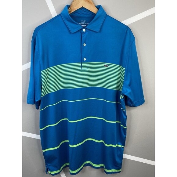 Vineyard Vines Golf Polo Blue Green Stripes Men’s XL Performance Stretch Whale - Picture 1 of 15